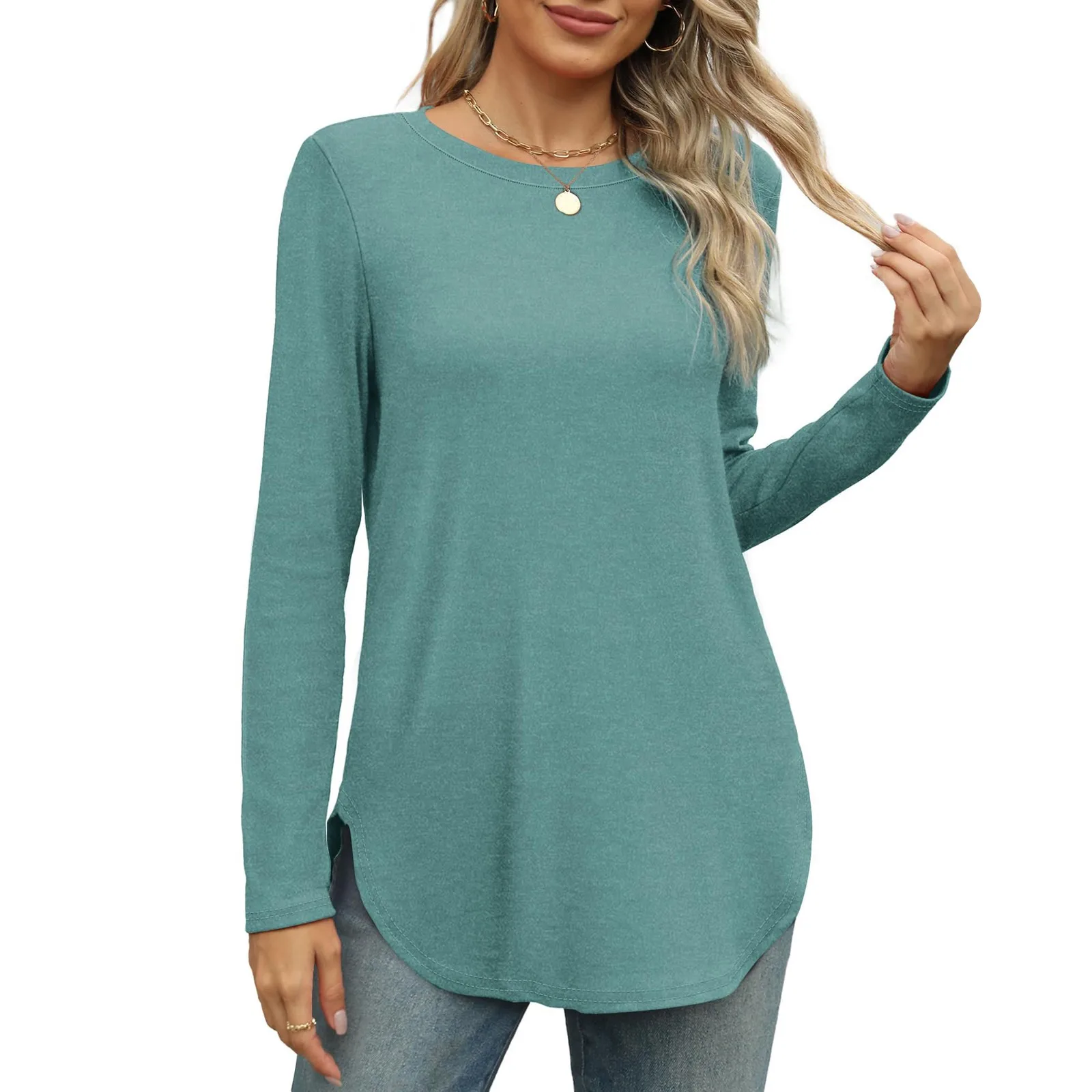 Traf 2024 Mujer Womens Long Sleeve Round Neck Shirts Side Split Basic Loose Tunic Tops Casual Shirts Ropa De Mujer Fashion