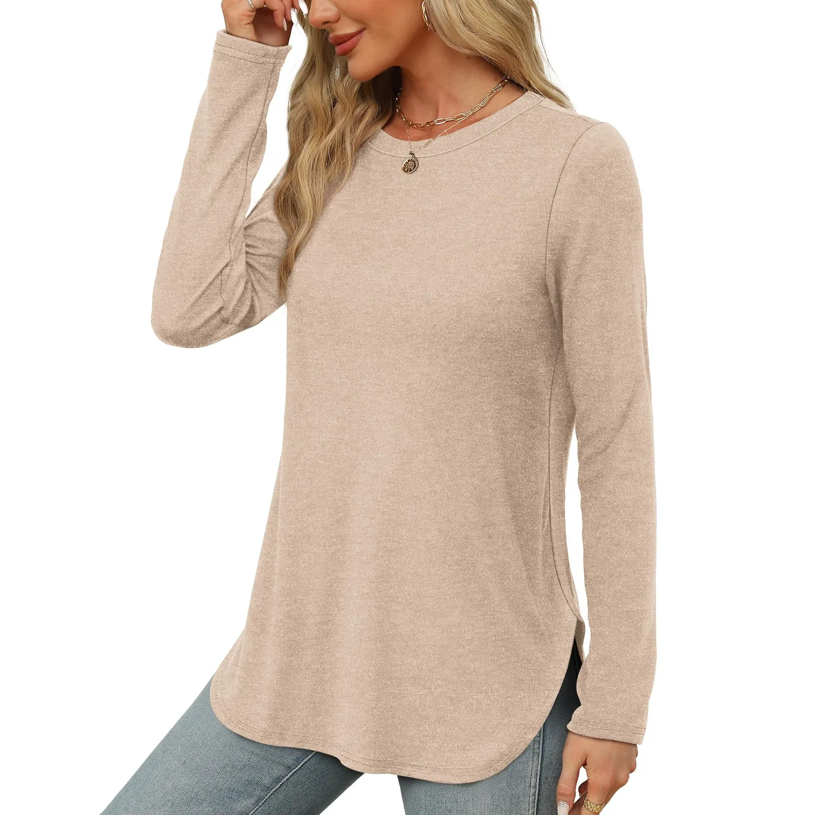 Traf 2024 Mujer Womens Long Sleeve Round Neck Shirts Side Split Basic Loose Tunic Tops Casual Shirts Ropa De Mujer Fashion