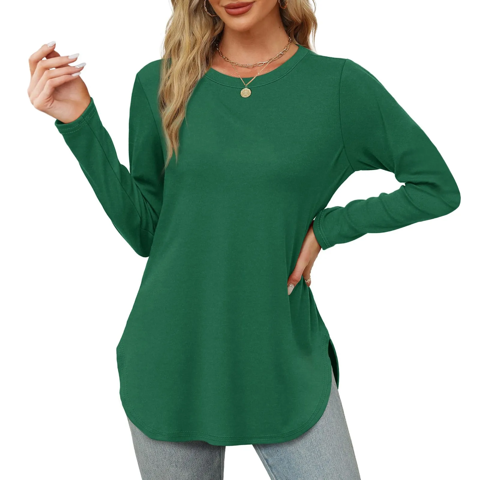 Traf 2024 Mujer Womens Long Sleeve Round Neck Shirts Side Split Basic Loose Tunic Tops Casual Shirts Ropa De Mujer Fashion
