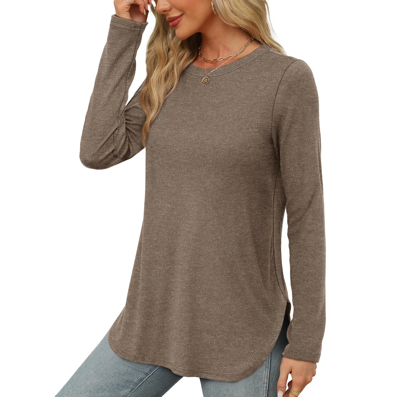 Traf 2024 Mujer Womens Long Sleeve Round Neck Shirts Side Split Basic Loose Tunic Tops Casual Shirts Ropa De Mujer Fashion