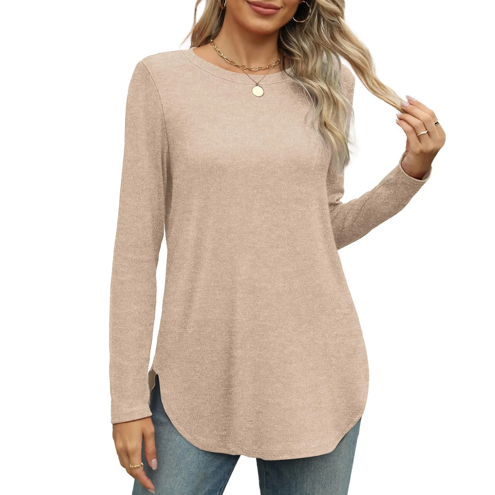 Traf 2024 Mujer Womens Long Sleeve Round Neck Shirts Side Split Basic Loose Tunic Tops Casual Shirts Ropa De Mujer Fashion