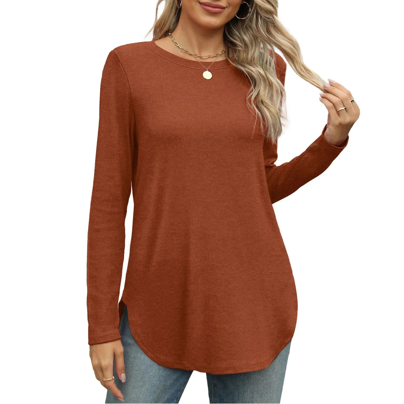Traf 2024 Mujer Womens Long Sleeve Round Neck Shirts Side Split Basic Loose Tunic Tops Casual Shirts Ropa De Mujer Fashion