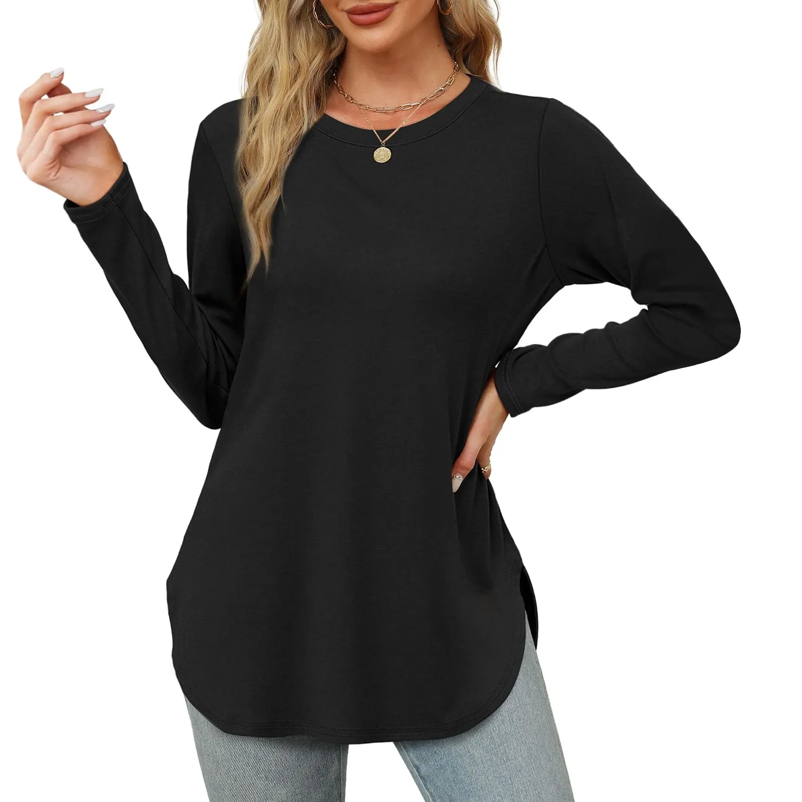 Traf 2024 Mujer Womens Long Sleeve Round Neck Shirts Side Split Basic Loose Tunic Tops Casual Shirts Ropa De Mujer Fashion