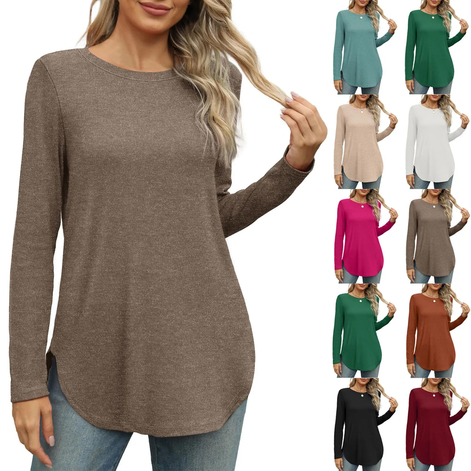 Traf 2024 Mujer Womens Long Sleeve Round Neck Shirts Side Split Basic Loose Tunic Tops Casual Shirts Ropa De Mujer Fashion