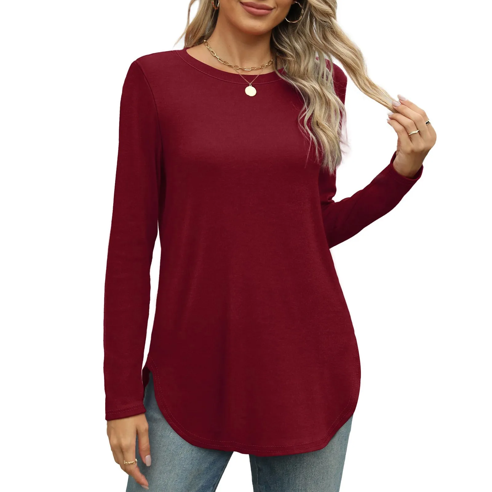 Traf 2024 Mujer Womens Long Sleeve Round Neck Shirts Side Split Basic Loose Tunic Tops Casual Shirts Ropa De Mujer Fashion