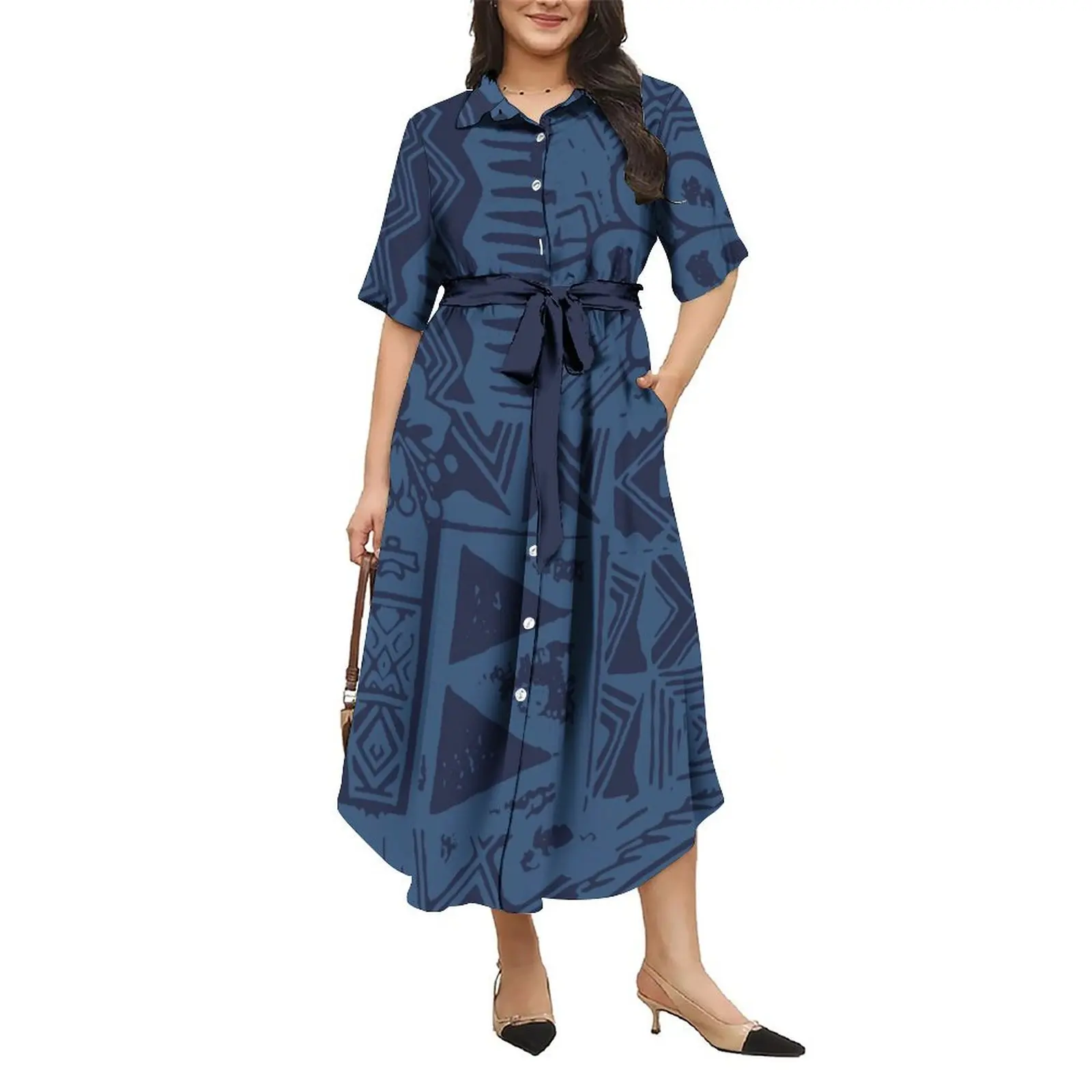 Polynesian Women'S Dress 2025 New Lapel Shirt Belt Dress Full Skirt Party Dress Samoan Patterned Floral Print Design