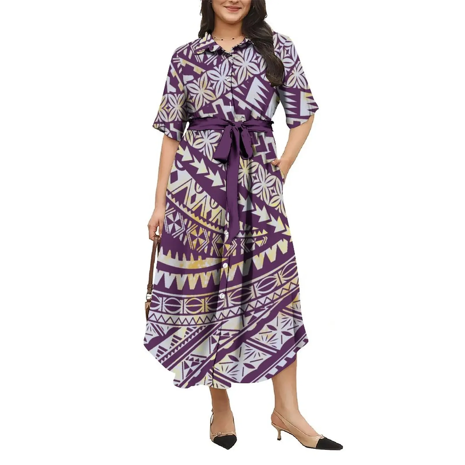 Polynesian Women'S Dress 2025 New Lapel Shirt Belt Dress Full Skirt Party Dress Samoan Patterned Floral Print Design