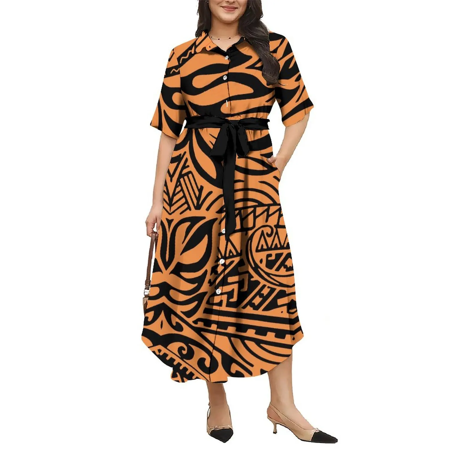 Polynesian Women'S Dress 2025 New Lapel Shirt Belt Dress Full Skirt Party Dress Samoan Patterned Floral Print Design
