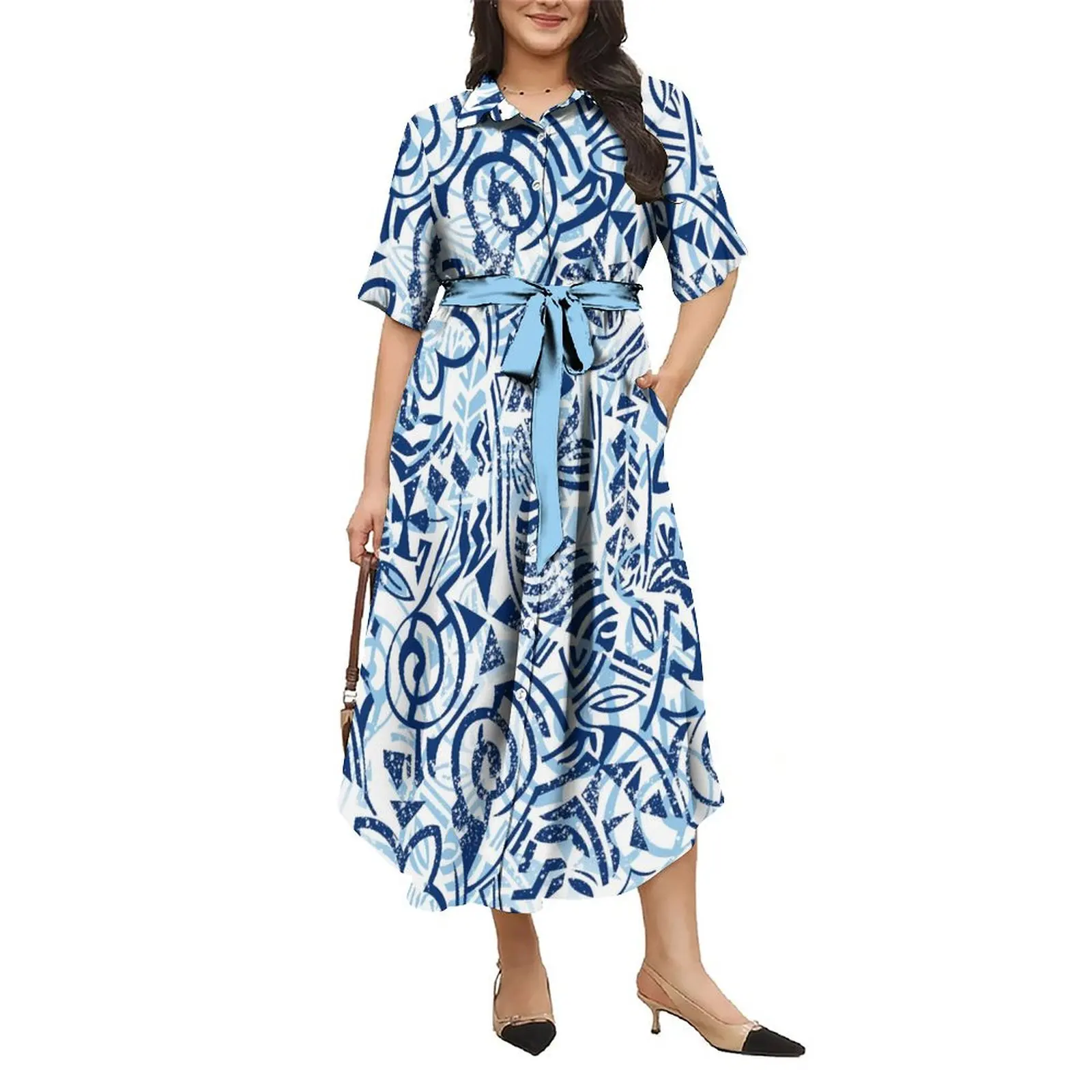 Polynesian Women'S Dress 2025 New Lapel Shirt Belt Dress Full Skirt Party Dress Samoan Patterned Floral Print Design