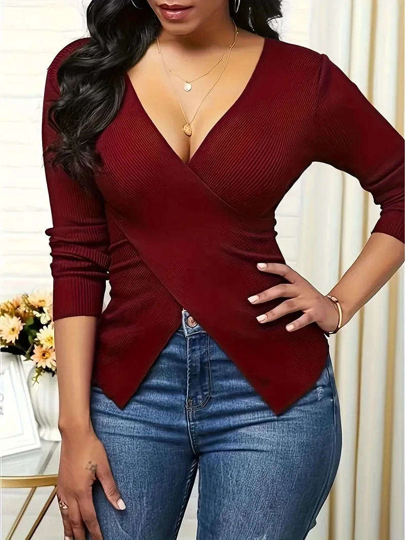 European and n Spring Ladies Deep V-neck cross-long-sleeved t-shirt Slim v-neck cross-shirt
