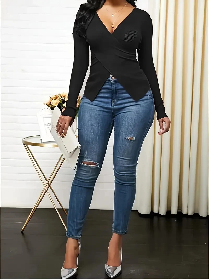 European and n Spring Ladies Deep V-neck cross-long-sleeved t-shirt Slim v-neck cross-shirt European and n Spring Ladies Deep V-neck cross-long-sleeved t-shirt Slim v-neck cross-shirt