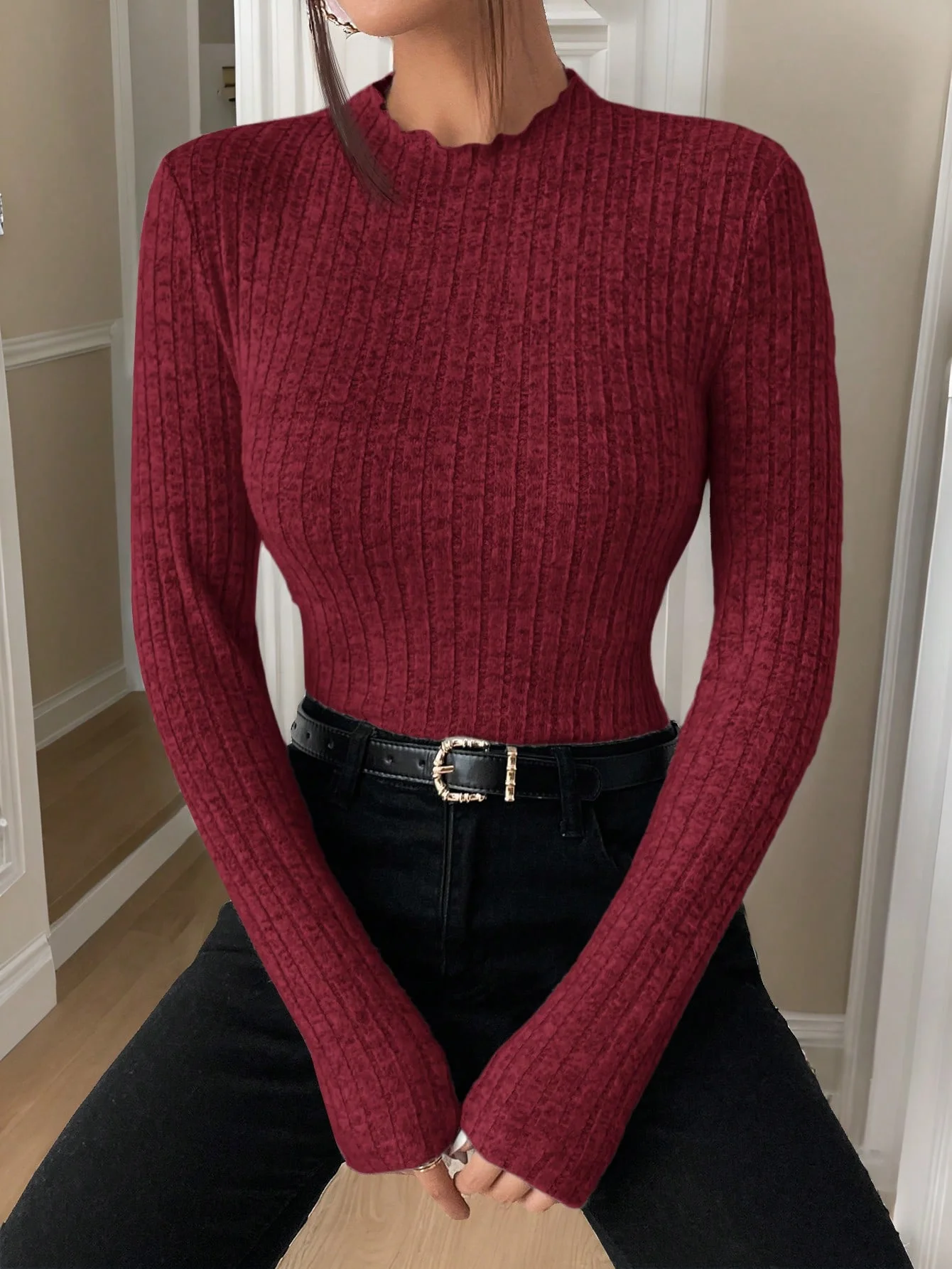 Black fungus edge semi high neck knitted base shirt, fashionable long sleeved top for spring, autumn and winter