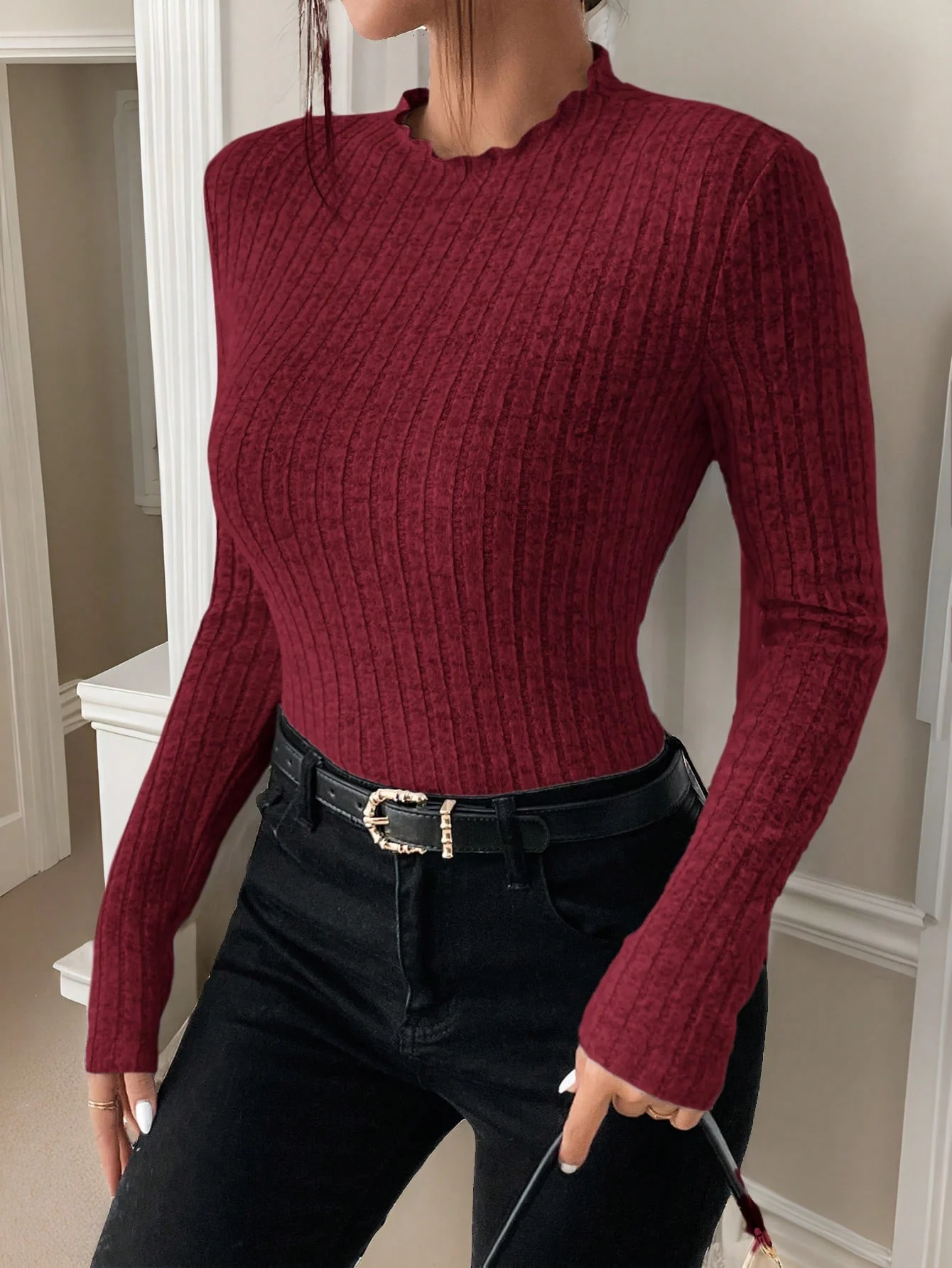 Black fungus edge semi high neck knitted base shirt, fashionable long sleeved top for spring, autumn and winter