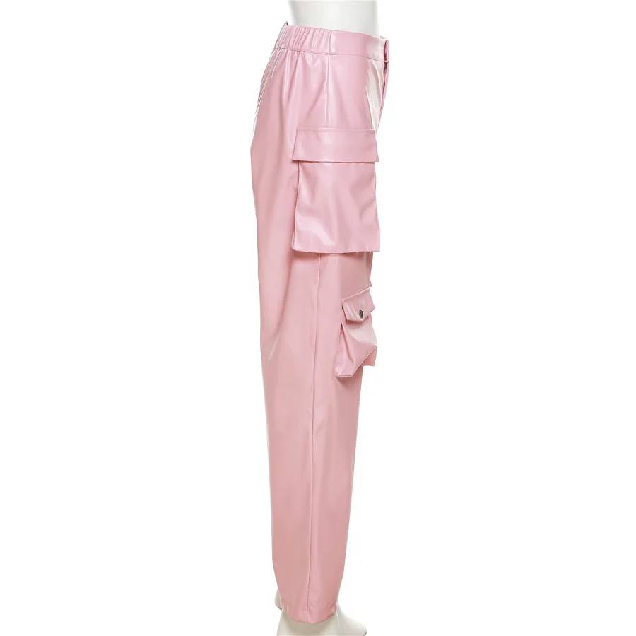 Pink Cargo Pants for Women 2025 Spring Straight Leg Solid Multi-Pocket Design High Waist Pu Leather Loose Baggy Pants Streetwear