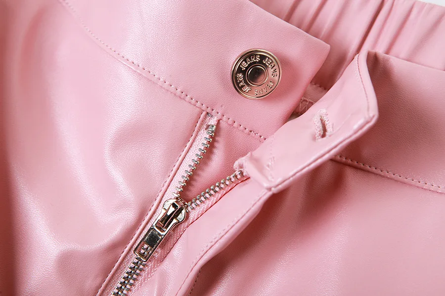 Pink Cargo Pants for Women 2025 Spring Straight Leg Solid Multi-Pocket Design High Waist Pu Leather Loose Baggy Pants Streetwear