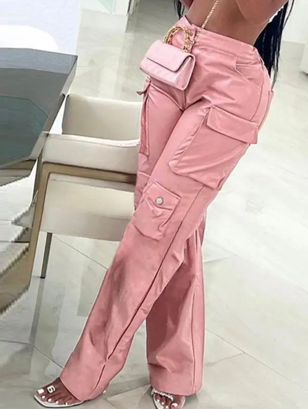 Pink Cargo Pants for Women 2025 Spring Straight Leg Solid Multi-Pocket Design High Waist Pu Leather Loose Baggy Pants Streetwear