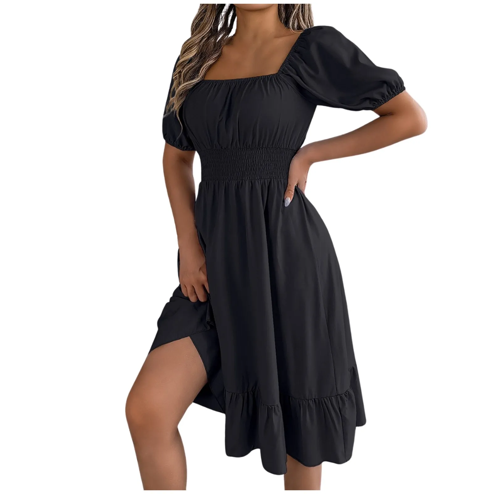 Elegant Women Spring Summer Dress Square Neck Puff Sleeve A Line Vestidos Square Neck Tie Waist Ruched Casual Solid Long Dress