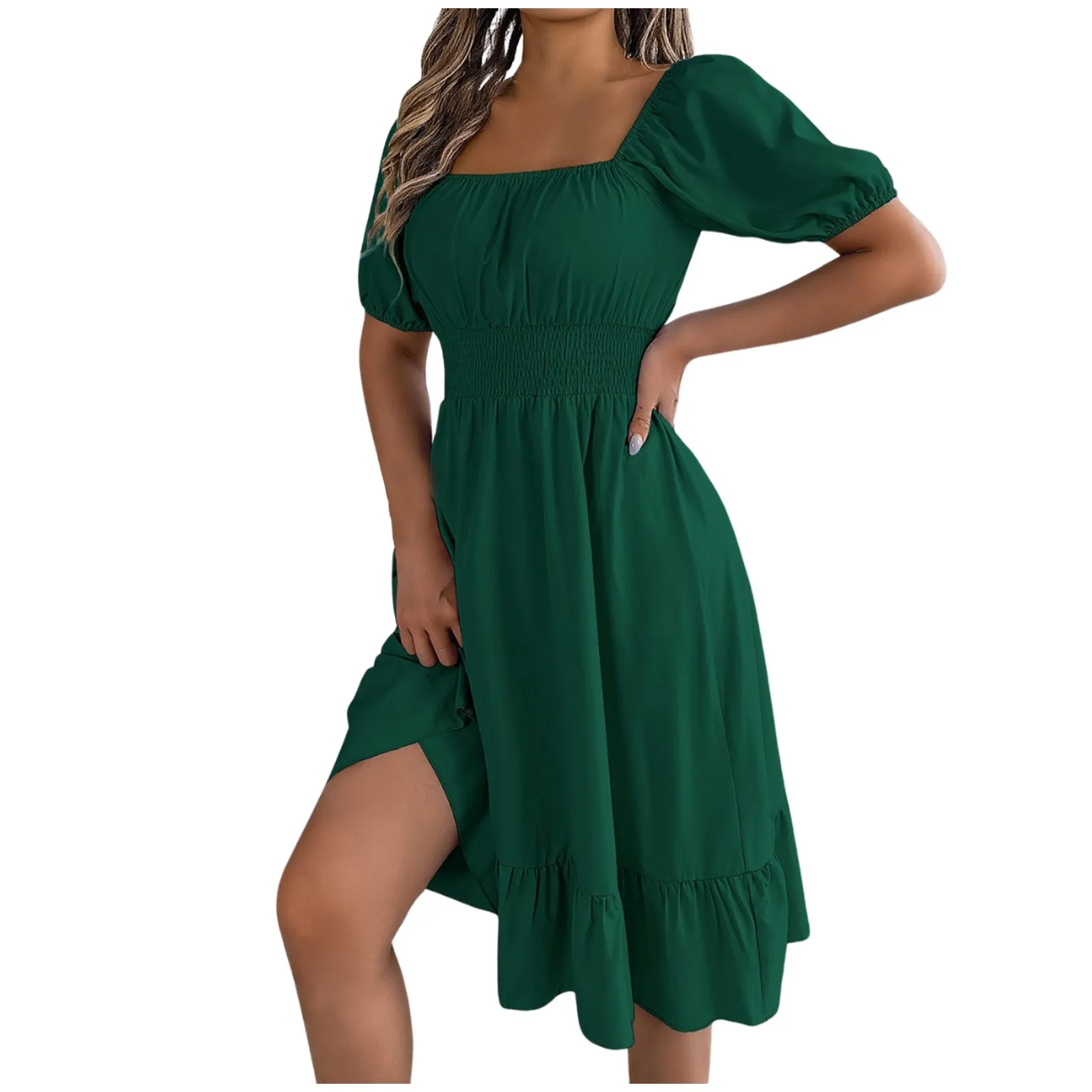 Elegant Women Spring Summer Dress Square Neck Puff Sleeve A Line Vestidos Square Neck Tie Waist Ruched Casual Solid Long Dress
