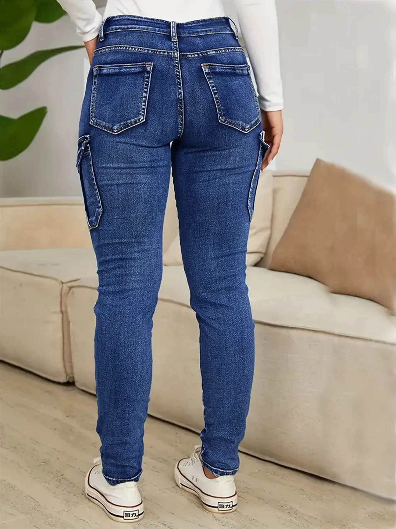 Large size blue rollover bag, multi-pocket imitation overalls, high waist and high elastic street fashion large size jeans