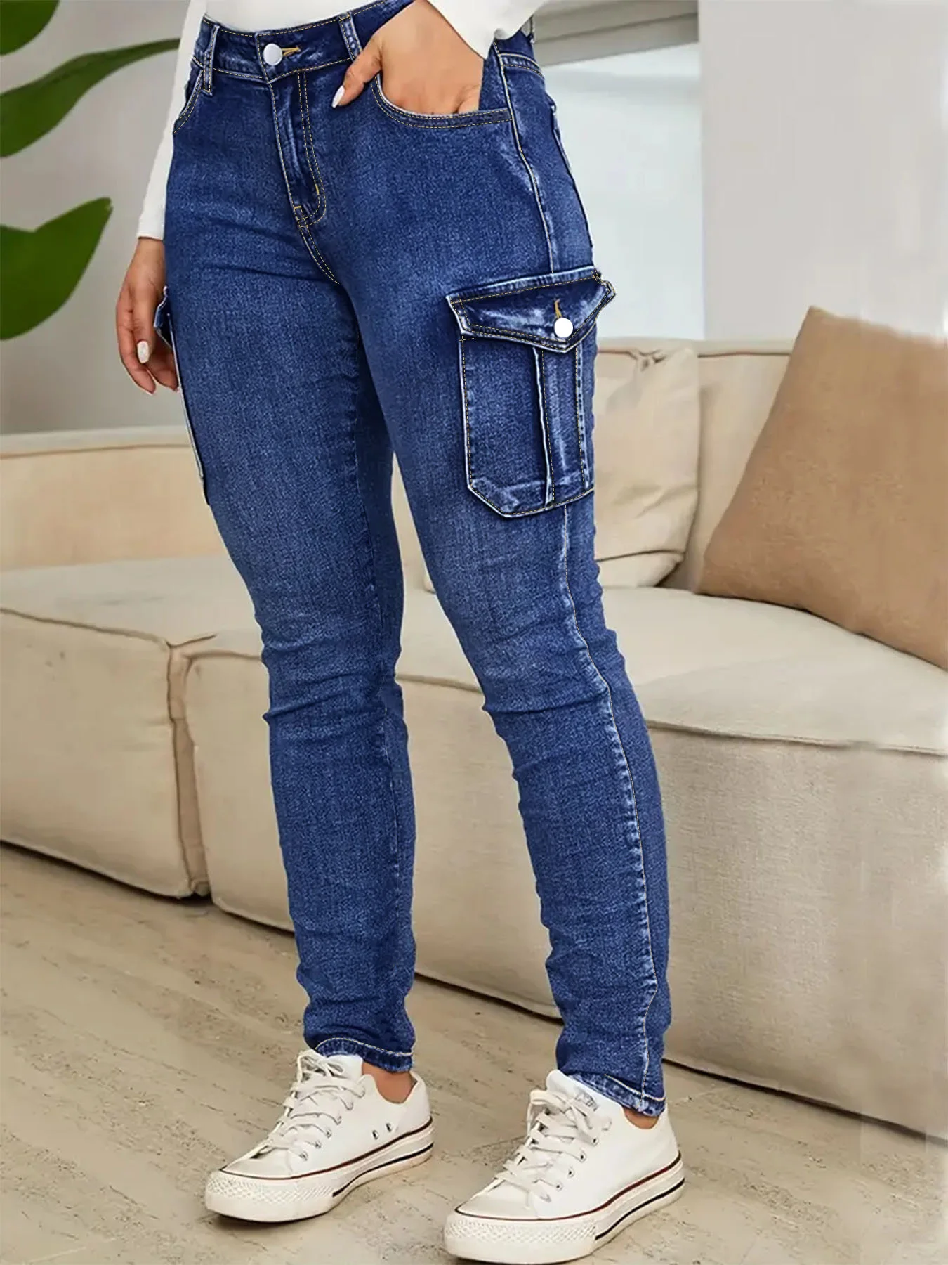 Large size blue rollover bag, multi-pocket imitation overalls, high waist and high elastic street fashion large size jeans