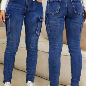 Large size blue rollover bag, multi-pocket imitation overalls, high waist and high elastic street fashion large size jeans