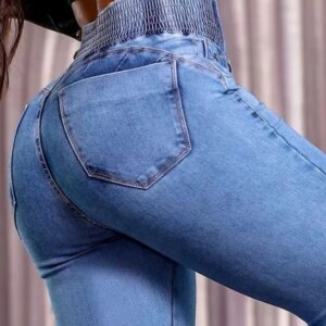 Sexy Elegant New Fashion 2024 Casual Female Trouser Bottom Back Shirred Button Front High Waist Jeans