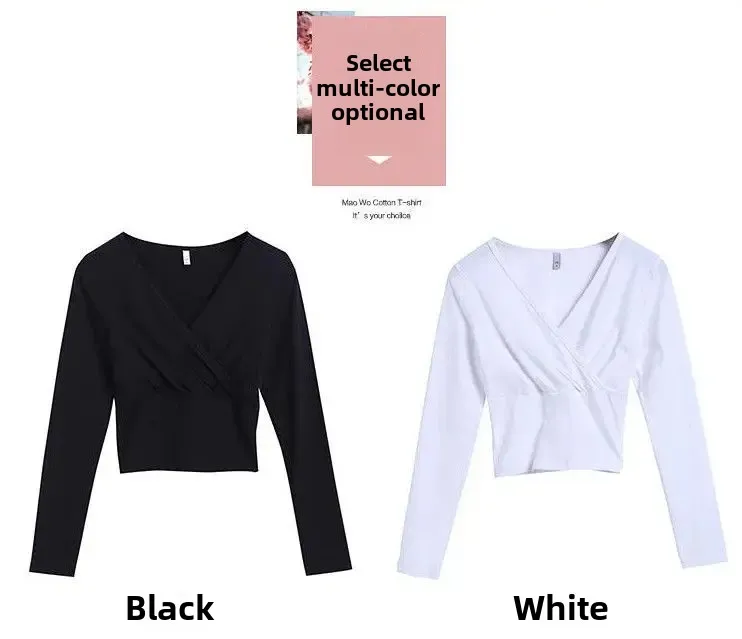 Sexy Deep V-Neck Long Sleeve T-Shirt Women's Cropped Top For Nightclub Low Cut Abdomen Exposure Autumn/Winter Base Layer