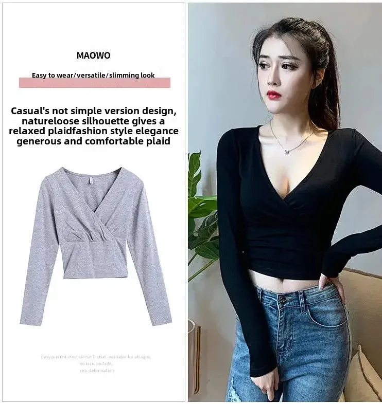 Sexy Deep V-Neck Long Sleeve T-Shirt Women's Cropped Top For Nightclub Low Cut Abdomen Exposure Autumn/Winter Base Layer