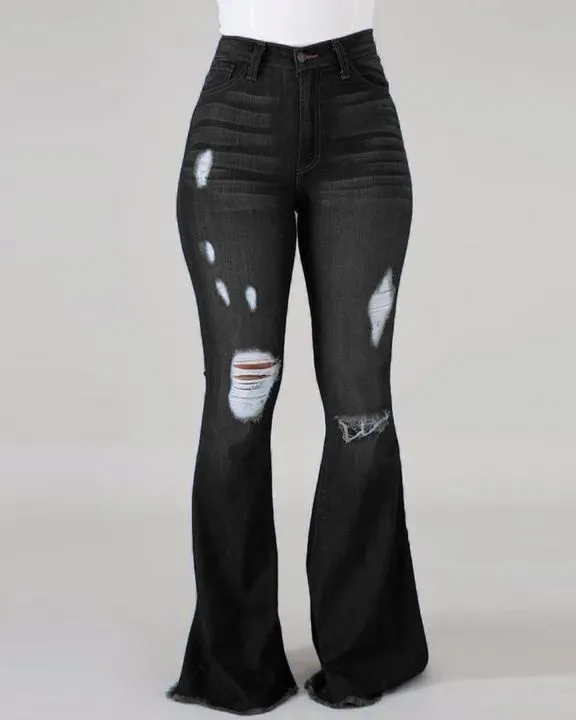 Denim Womens Pants High-stretch Ripped Jeans High-waisted Flared Trousers for Women Denim Womens Pants High-stretch Ripped Jeans High-waisted Flared Trousers for Women