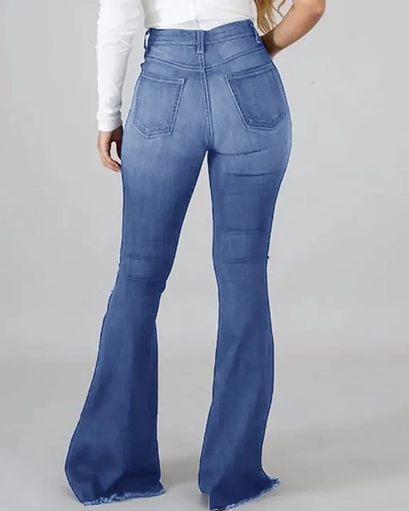 Denim Womens Pants High-stretch Ripped Jeans High-waisted Flared Trousers for Women Denim Womens Pants High-stretch Ripped Jeans High-waisted Flared Trousers for Women