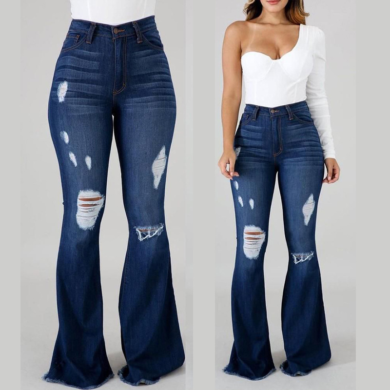 Denim Womens Pants High-stretch Ripped Jeans High-waisted Flared Trousers for Women Denim Womens Pants High-stretch Ripped Jeans High-waisted Flared Trousers for Women