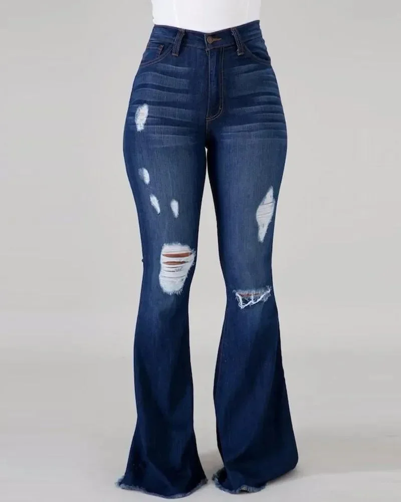 Denim Womens Pants High-stretch Ripped Jeans High-waisted Flared Trousers for Women