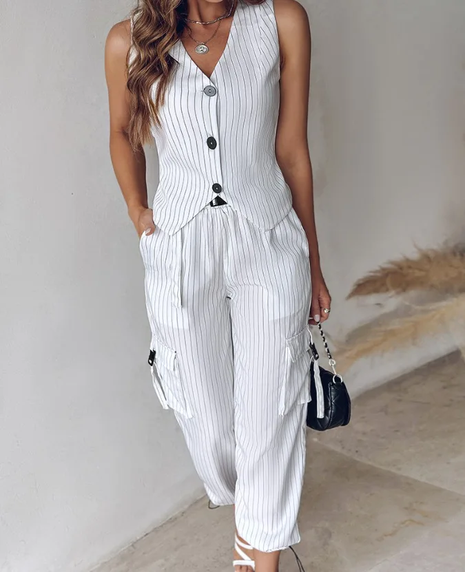 White Striped Vest Suit For Women Summer Casual V-neck Button Top Pocket Loose Pants Outfits Two-piece Suit For Women Elegant White Striped Vest Suit For Women Summer Casual V-neck Button Top Pocket Loose Pants Outfits Two-piece Suit For Women Elegant