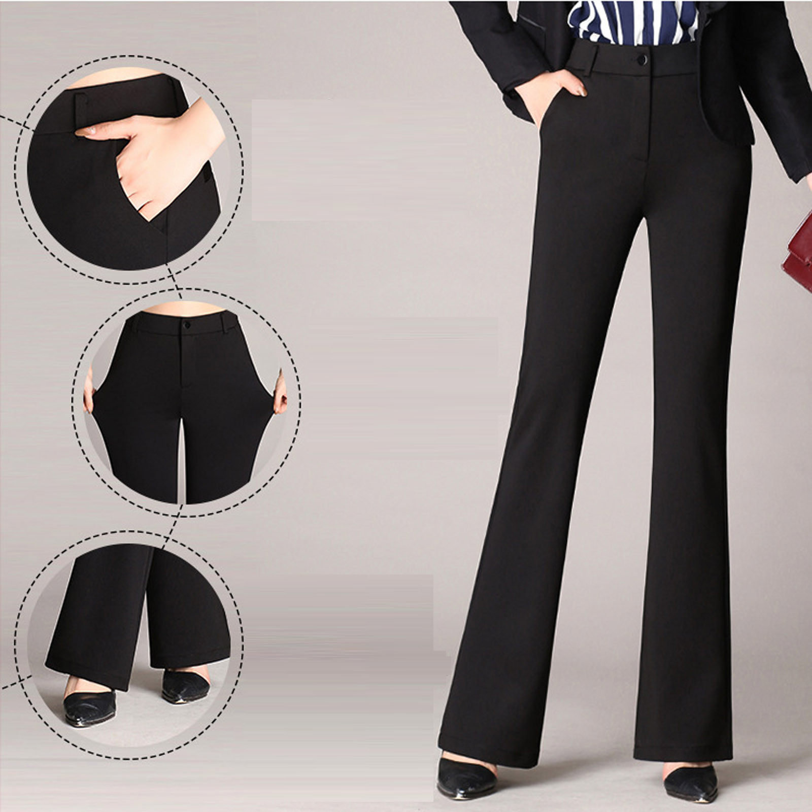 Autumn and Winter Women Pockets High Waist Solid Straight-leg Pants Long Trousers Flared Pants Autumn and Winter Women Pockets High Waist Solid Straight-leg Pants Long Trousers Flared Pants