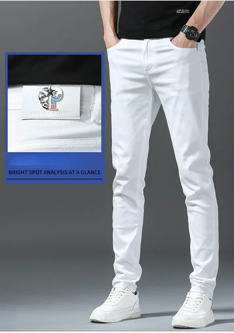 2025 Spring Summer New 98%Cotton Men's Slim Jeans Straight Casual Fashion Pencil Pants High Quality Trousers Male Clothes White