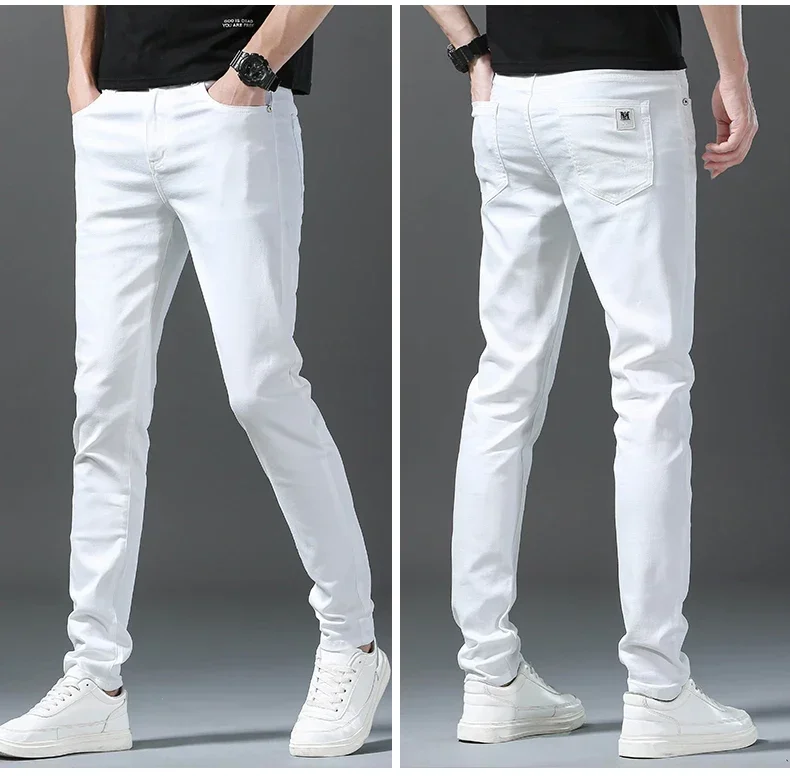 2025 Spring Summer New 98%Cotton Men's Slim Jeans Straight Casual Fashion Pencil Pants High Quality Trousers Male Clothes White