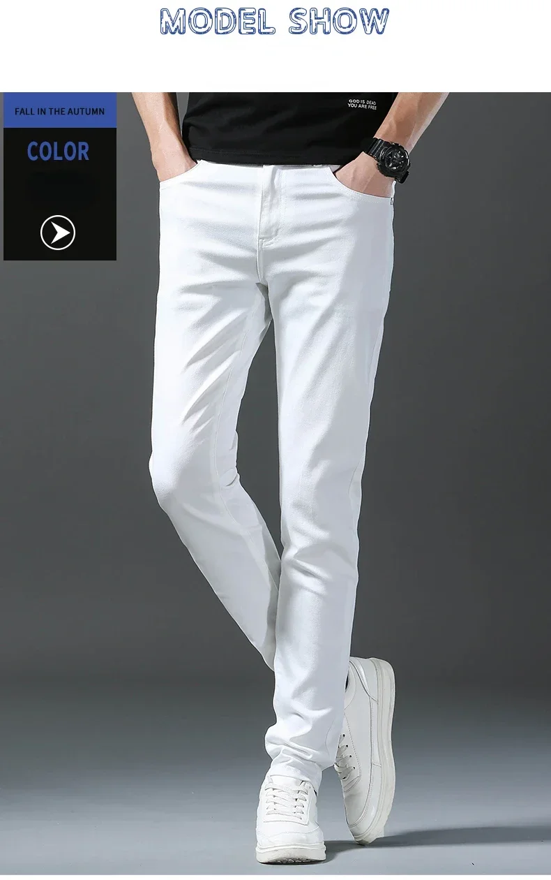 2025 Spring Summer New 98%Cotton Men's Slim Jeans Straight Casual Fashion Pencil Pants High Quality Trousers Male Clothes White