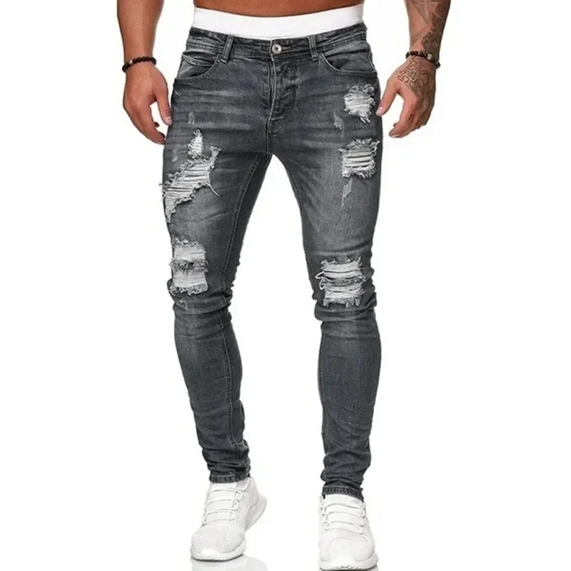 Fashion Street Style Ripped Skinny Jeans Men Vintage wash Solid Denim Trouser Mens Casual Slim fit pencil denim Pants hot sale Fashion Street Style Ripped Skinny Jeans Men Vintage wash Solid Denim Trouser Mens Casual Slim fit pencil denim Pants hot sale
