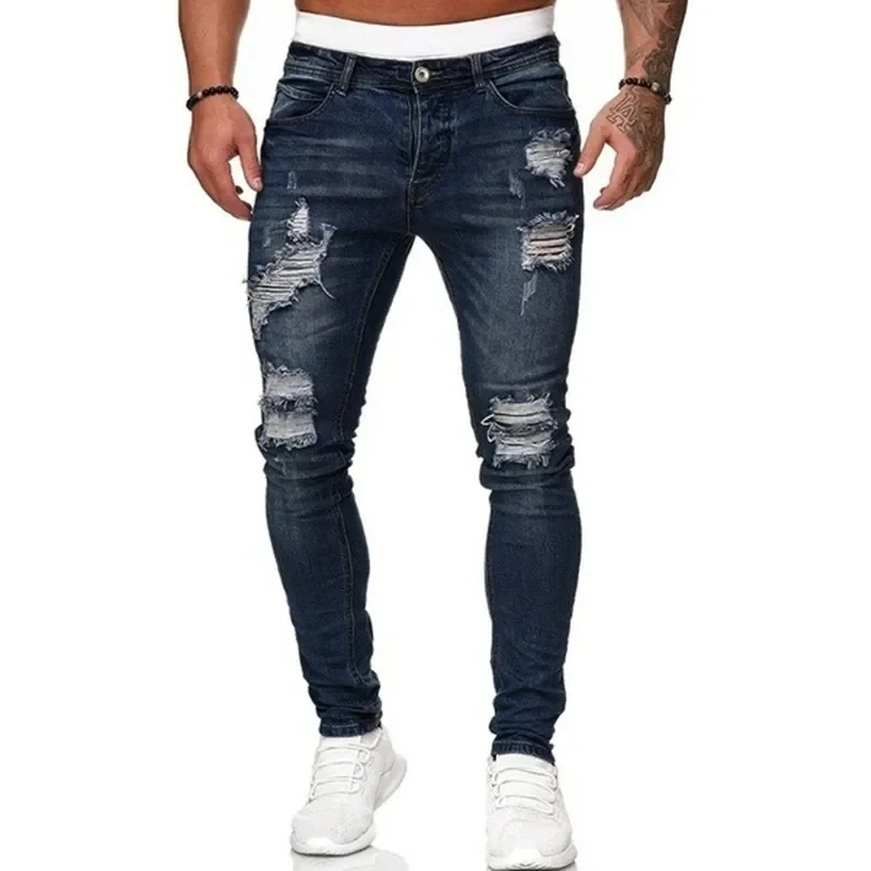 Fashion Street Style Ripped Skinny Jeans Men Vintage wash Solid Denim Trouser Mens Casual Slim fit pencil denim Pants hot sale Fashion Street Style Ripped Skinny Jeans Men Vintage wash Solid Denim Trouser Mens Casual Slim fit pencil denim Pants hot sale