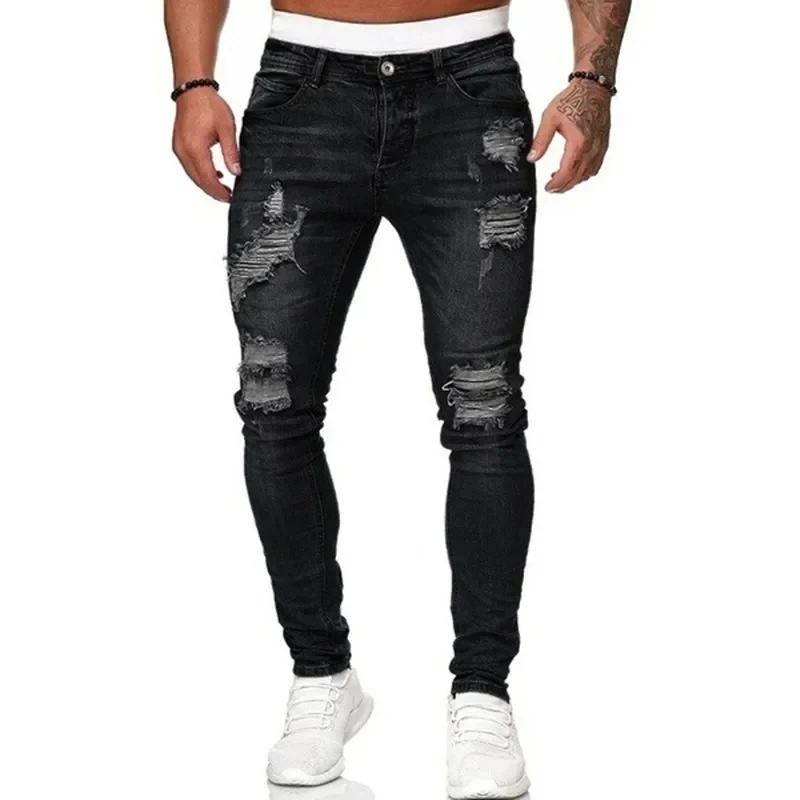 Fashion Street Style Ripped Skinny Jeans Men Vintage wash Solid Denim Trouser Mens Casual Slim fit pencil denim Pants hot sale Fashion Street Style Ripped Skinny Jeans Men Vintage wash Solid Denim Trouser Mens Casual Slim fit pencil denim Pants hot sale