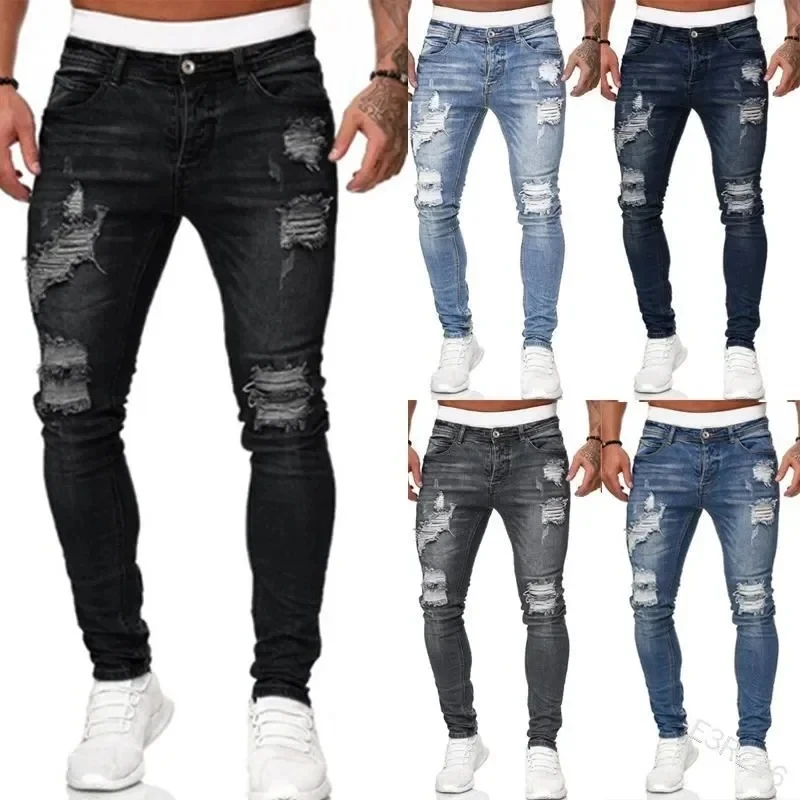 Fashion Street Style Ripped Skinny Jeans Men Vintage wash Solid Denim Trouser Mens Casual Slim fit pencil denim Pants hot sale Fashion Street Style Ripped Skinny Jeans Men Vintage wash Solid Denim Trouser Mens Casual Slim fit pencil denim Pants hot sale