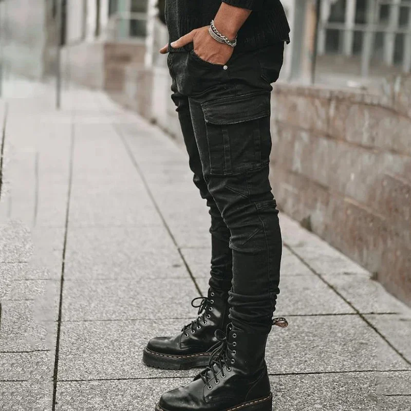 Men Street Elastic Denim Jeans Wash Solid Color Multi Pockets Cargo Pants Casual Slim Fit Daily Wear Joggers Mid Waist Trousers Men Street Elastic Denim Jeans Wash Solid Color Multi Pockets Cargo Pants Casual Slim Fit Daily Wear Joggers Mid Waist Trousers