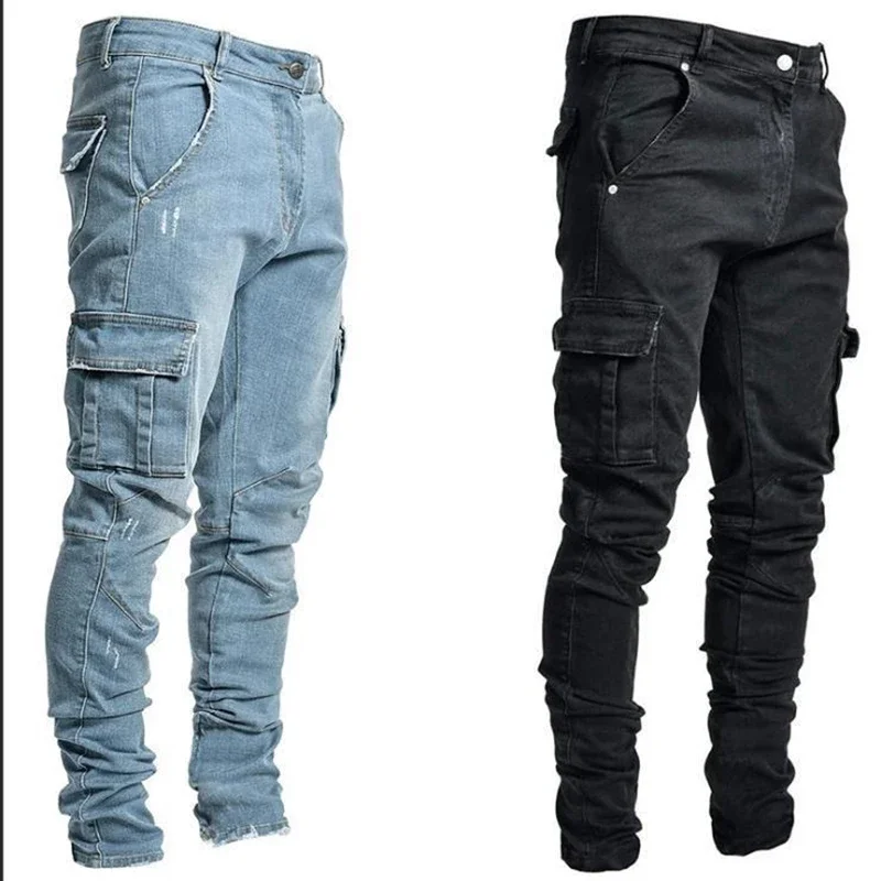 Men Street Elastic Denim Jeans Wash Solid Color Multi Pockets Cargo Pants Casual Slim Fit Daily Wear Joggers Mid Waist Trousers Men Street Elastic Denim Jeans Wash Solid Color Multi Pockets Cargo Pants Casual Slim Fit Daily Wear Joggers Mid Waist Trousers