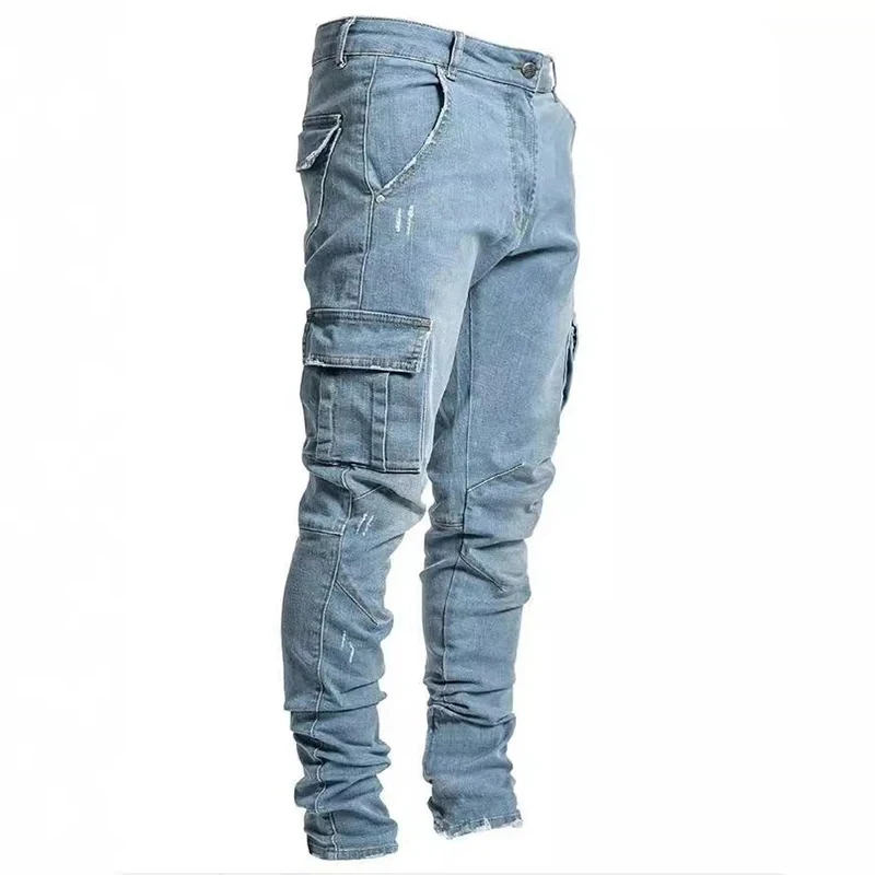Men Street Elastic Denim Jeans Wash Solid Color Multi Pockets Cargo Pants Casual Slim Fit Daily Wear Joggers Mid Waist Trousers Men Street Elastic Denim Jeans Wash Solid Color Multi Pockets Cargo Pants Casual Slim Fit Daily Wear Joggers Mid Waist Trousers