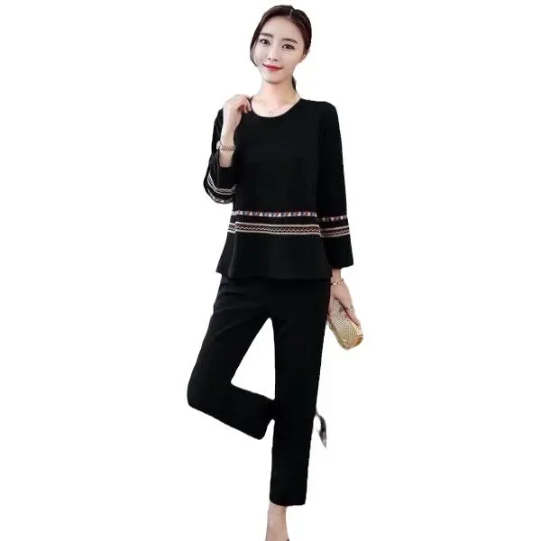 New Spring-Autumn Fashion Plus Size Loose Fit Sweatshirt Casual Slimming 2-Piece Set Trendy Mother's Attire