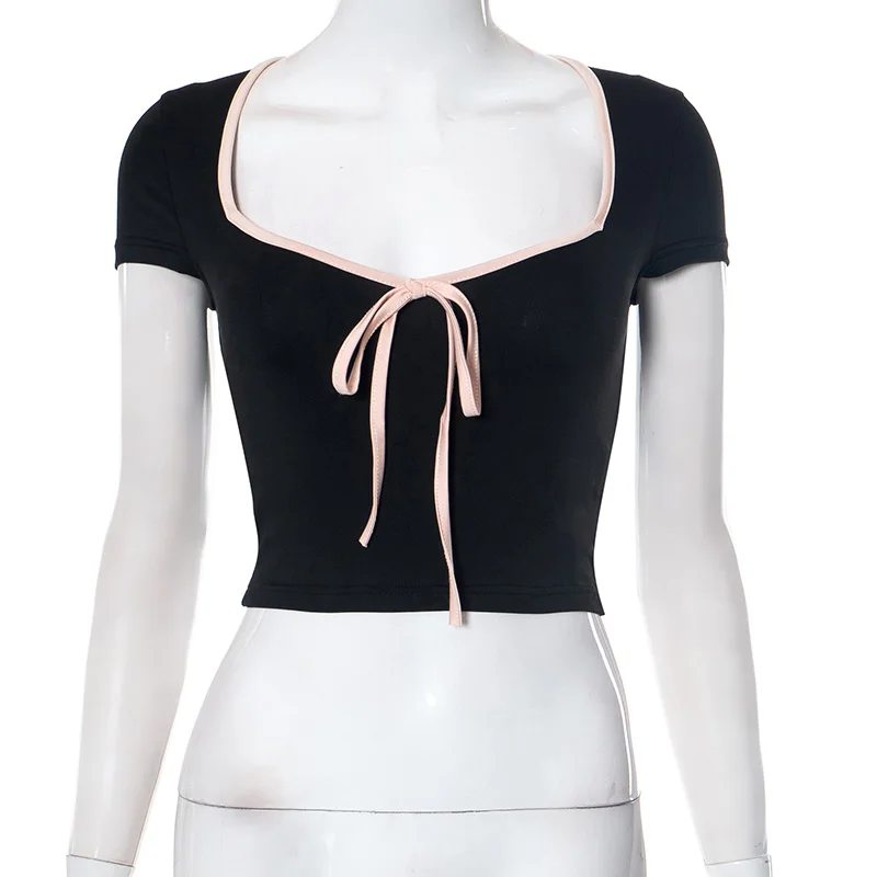 Y2k Summer Crop Top Bow Baby Tees Womens Clothes Chic Cute Low Cut Short Sleeve T Shirts Black
