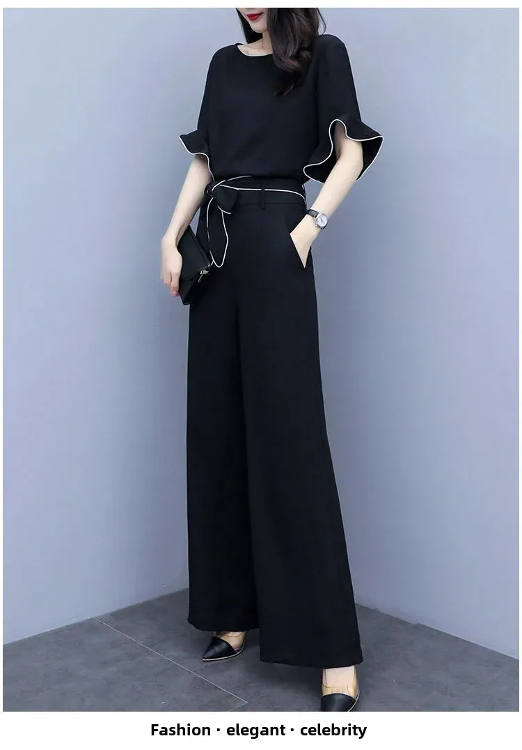 High Waist Wide Leg Pants Set Women's Fashionable Stylish Summer New Arrival Two Piece Suit Casual Slimming Elegant Lady