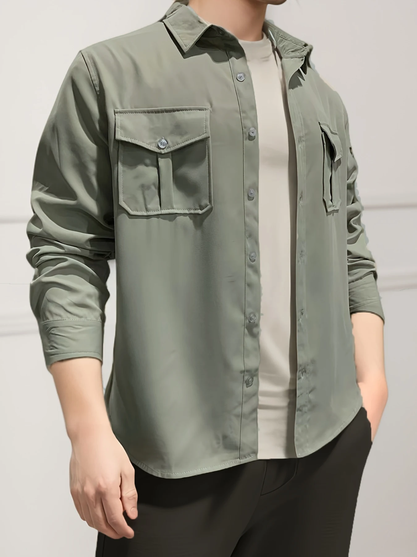 Spring/Summer European and American Men's Shirts with Multiple Pockets, Casual Slim Fit, Long sleeved Workwear Top