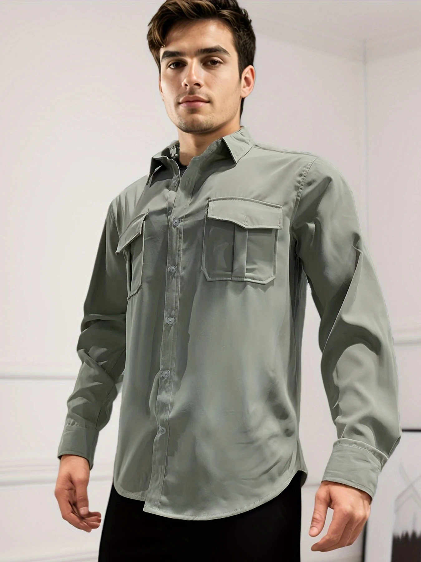 Spring/Summer European and American Men's Shirts with Multiple Pockets, Casual Slim Fit, Long sleeved Workwear Top