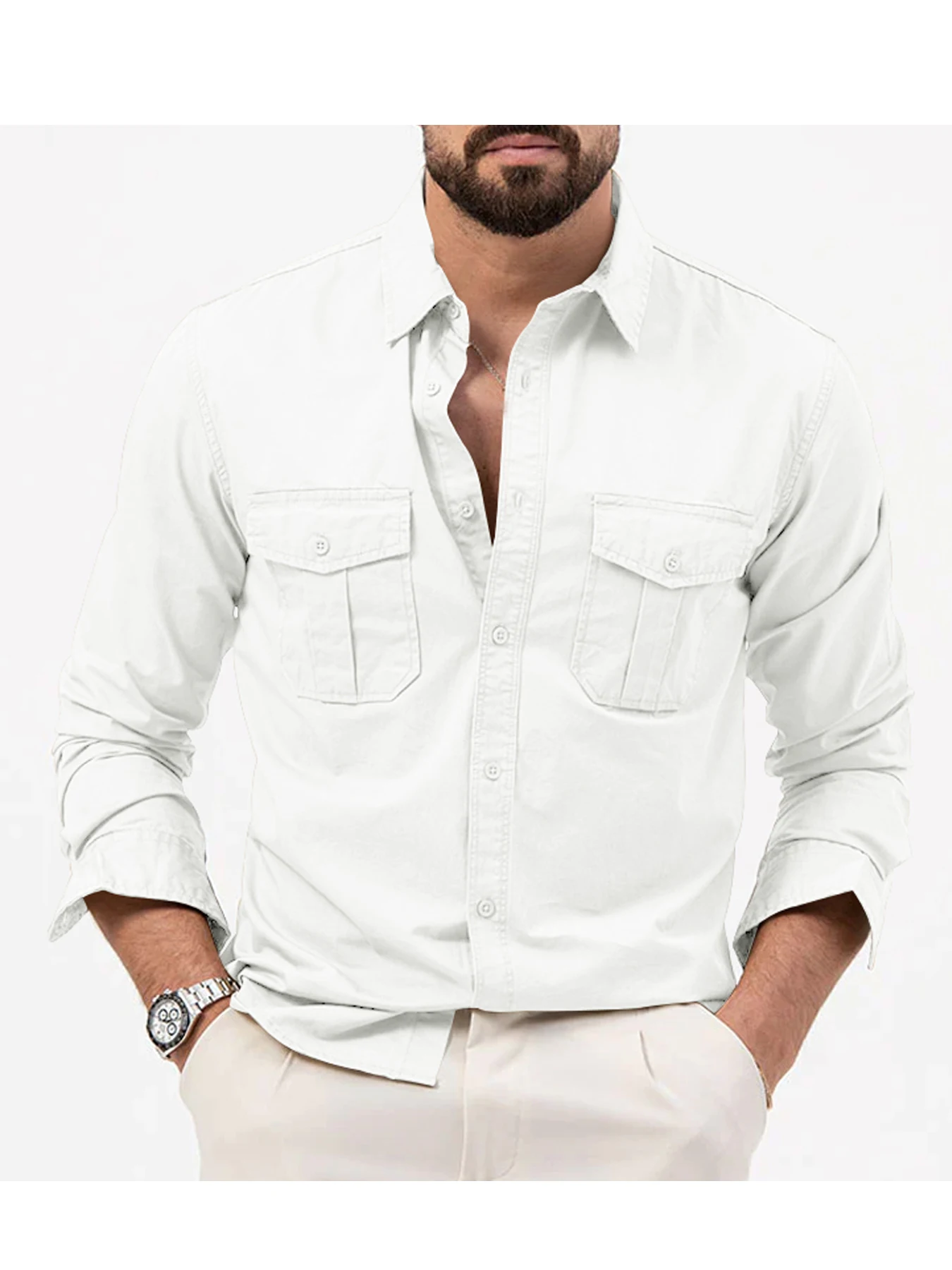 Spring/Summer European and American Men's Shirts with Multiple Pockets, Casual Slim Fit, Long sleeved Workwear Top